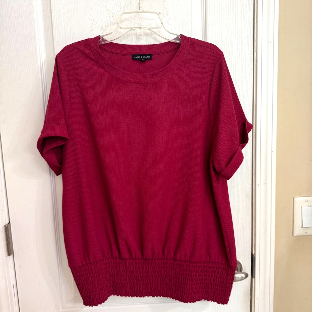 Smocked Blouson Top Short Sleeve Magenta Lane Bryant Textured Size 14/16 Womens
